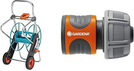 Gardena Metall Schlauchwagen 100: Stabile, beschichtete Schlauchtrommel, abgewinkelter Schlauchanschluss, Handkurbel & Schlauchverbinder 19 mm (3/4 Zoll): Steckverbinder für den Schlauchanfang