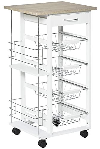HOMCOM Rolling Kitchen Cart, Utility Storage Cart with 4 Basket Drawers & Side Racks, Wheels for Dining Room, Natural and White