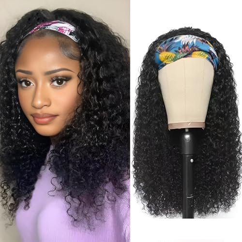 IFLY Headband Wig Locken Perücke Frauen Echthaar Deep Curly Human Hair Wig for Black Woman Haarverlängerung Headband Damen Deep Curly Wig 150% Density 14 zoll