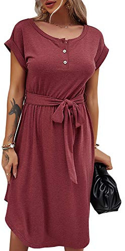 Bequemer Laden Sommer Damen Kleid Knopfleiste Kurzarm Locker Kleider Elegant Sommerkleid Strandkleid Freizeitkleid Midikleid Businesskleid mit Taille Krawatte, Rot, M