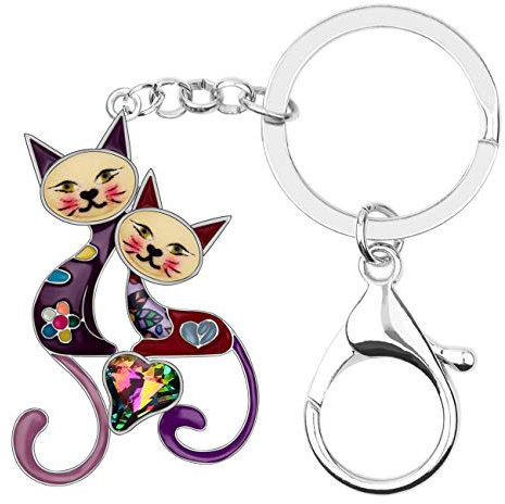DOWAY Emaille Strass Paar Katze Schlüsselanhänger Ringe für Frauen Mädchen Kinder Accessoire Tier Katzen Schmuck Party Geschenk (Veilchen)