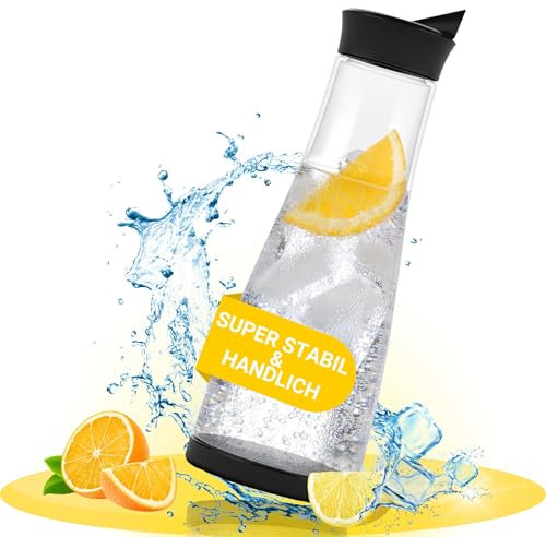 elasto – Glaskaraffe mit Deckel und praktischem Ausgießer – Wasserkaraffe aus Borosilikatglas ideal geeignet für kalte Getränke – Karaffe für Wasser, Säfte, Wein, Eistee & mehr (1 Liter)
