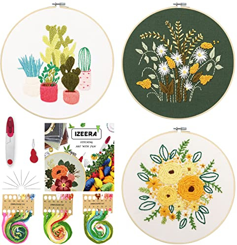 3 Pack Embroidery Starter Kit, Stamped Embroidery Kits with Instructions, Bamboo Embroidery Hoop, Complete Embroidery Kit for Adults Beginners with Patterns, Needles, Color Threads and Tool Kit