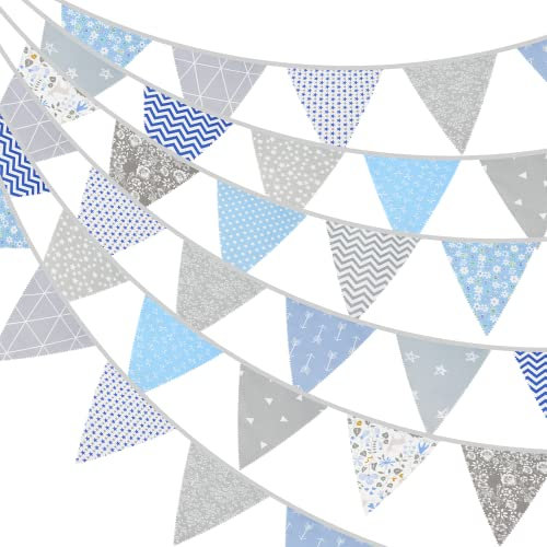 G2PLUS 12m Wimpelkette Blumen Stoff, Grau und Blau Stoff Wimpel Girlande, Lange Gartendeko Bunting, Stoffgirlandemit 42 STK Groß Blumen Wimpeln für Haus und Garten Deokration