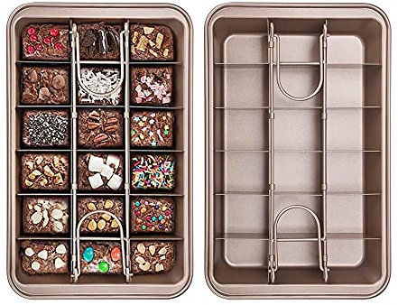 Hniuyun Brownie Pan With Dividers - Non-Stick 18 Pre-slice Baking Tray, High Carbon Steel Bakeware for Oven, Size 12 X 7.9 X 2 Inches (Gold)