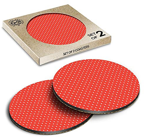 2 x Eco Boxed Cork Coasters - Red & White Polka Dot Dots Print Drink Cup Mug Glass Table Mat #46235