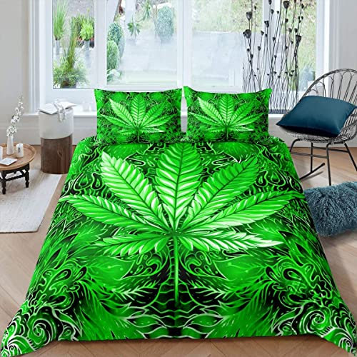 Loussiesd Marihuana-Blatt-Bettbezug-Set Cannabisblätter Bettwäsche-Set Marihuana Weed Grünes Blatt Bettwäsche 155x220cm Boho Psychedelischer Hanf Bettbezug mit 1 Kissenbezug