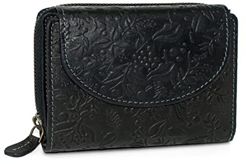 Damen Portemonnaie Echt Leder | Geldbörse mit RFID Schutz | Frauen Geldbeutel mit vielen Kartenfächern | Kompaktes Portmonee (Schwarz Blumenmuster)