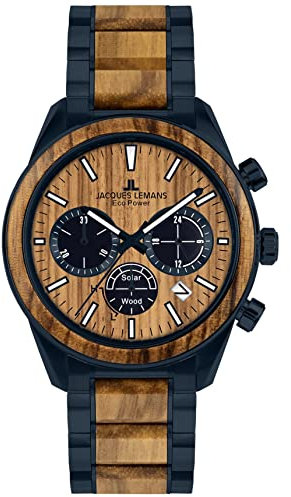 JACQUES LEMANS Holzuhr Herren, Solar Wood Herrenuhr - Model 1-2115P, Chronograph und Armband Blau beschichtet, Edelstahl mit Holzeinlage für Männer, Armbanduhr Holz Herren Holzuhren für Herren