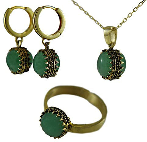 Schmuckset 925 Silber Damen - 14k Vergoldet - Aventurin - Vintage Schmuck - Antik - Jugendstil Schmuck - Geschenk für Sie - Geburtstagsgeschenk - Schmuck-Geschenk (Set: Kette + Ohrringe + Ring)