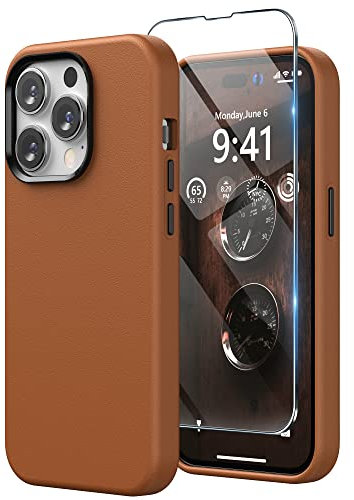 SURPHY Faux Leather Case Compatible with iPhone 14 Pro Max Case 6.7 inch, Premium PU Leather Case Cover (with Metallic Buttons & Microfiber Lining) for iPhone 14 Pro Max, Brown