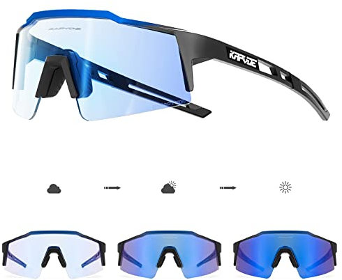 KAPVOE Photochromatische Selbsttönend Fahrradbrille TR90 Rahmen für Herren Damen Klar Sportsonnenbrille Sport Radfahren MTB Radbrille Fahren Sportbrille Baseball Laufen Blau Schwarz 07