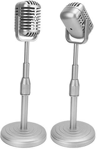 Retro Microphone Props Model,Simulation Old Fashioned Microphone Model with Stable Base, Rod Retro Style Mic Prop Set,Vintage Microphone Model for Party Photography(Silver)