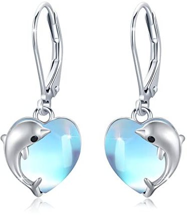 Delfin Ohrringe 925 Sterling Silber Mondstein Ohrringe Herz Hängend Damen Delfin Schmuck Geschenk für Mutter Mädchen Mama Tochter Ehefrau Muttertagsgeschenk