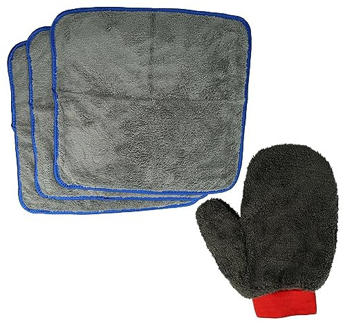 vhbw 4-TLG. Reinigungsset für Auto, Motorrad - 3X Mikrofasertuch, 1x Waschhandschuh - 380 GSM