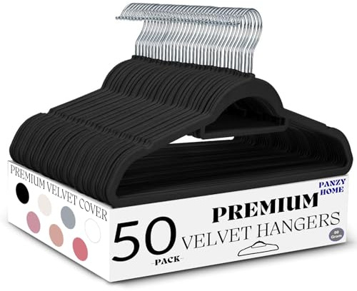 50 Black Velvet Hangers Non-Slip Clothes Coat Hangers Coat with Tie Bar and 360° Swivel Hook Space-Saving 0.6 cm Thick 45 cm Long, for Dresses Trousers,(50 Pack Black)