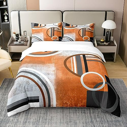 Juego de funda de edredón 100% algodón color naranja quemado, juego de cama geométrico, negro y gris, funda de edredón de pintura al óleo degradada, funda de edredón minimalista contemporánea, funda