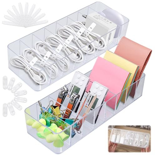 Nafafosa Kabel Organizer Box 2 Stücke mit 8 Fächern, 20 Kabelbindern und 10 Kabel Clips, Transparent, 26 x 9 x 5.5 cm, für Schreibtisch, Büro, Heimgebrauch