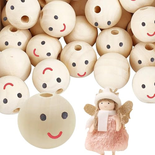 dancepandas 30mm Holzperlen mit Gesicht, 30 Stück Holzkugeln mit Gesicht für Sorgenwurm Rund Natur Holzköpfe mit Gesicht Engel für DIY Handgefertigte Dekorationen Basteln Bastelperlen (30mm)