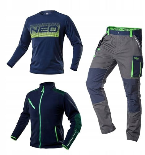 NEO TOOLS Premium Herren Arbeitskleidungssatz Gr. S - 3XL | Arbeitshose 100% Baumwolle, Fleece-Arbeitsjacke 300 g/m2, Arbeits-T-Shirt atmungsaktiv | Reflektierende Elemente Gr. L