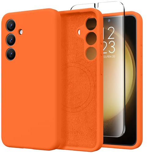 GVIEWIN Compatible with Samsung Galaxy S24 Plus Case with Screen Protector,Compatible with Magsafe,Silicone Camera Fullbody Protection Shockproof Anti-scratch Soft Microfiber Lining, Neon Orange