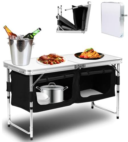 Tubiaz Cocina de camping con estructura de aluminio, plegable con encimera resistente al calor, altura ajustable, para camping y exterior, incluye bolsa de transporte