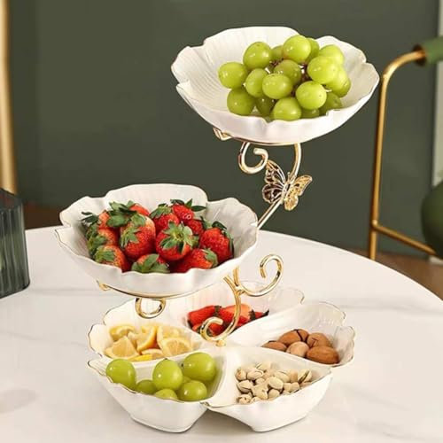 JUNYFFF Frutero 3 Pisos, Fruteros De Cocina Modernos, Frutero De Cerámica Cesta De Frutas De 3 Niveles con Soporte Metálico para Decoración De Cocina, Verduras, Frutas, Aperitivo,Blanco