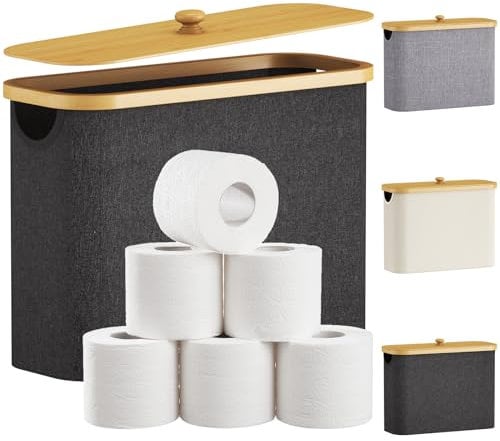 Lifewit 23L Toilet Roll Storage, Bathroom Storage Box Holder Stand with Lid, Bamboo Multifunctional Toilet Paper Basket Cabinet with Handle, Dark Grey