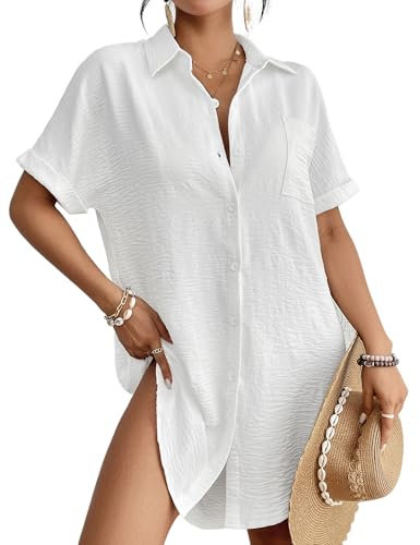 Bsubseach Women Swimsuit Coverup Shirt Dress Button Down Bathing Suit Beach Blouse Beachwear White S