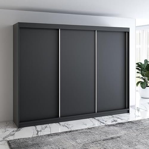 A&J MöbelLand Moderne 3-türiger Kleiderschrank mit Schwebetüren und 4 Schubladen, 200 cm, Weiß (Schwarz)
