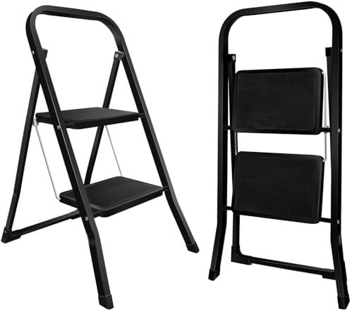 kisidus Échelles Pliable 2 Marches Antidérapants Escabeau Marche Pied Pliante 2-Level Max 150kg Acier Robust Intérieur Extérieur - Noir