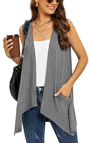 Wiwclo Grey Sleeveless Cardigan Vest for Women Plus Size Lightweight Summer Jacket with Pockets Casual Work Knit Open Front Long Drape Duster,XXL