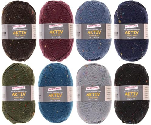 SUPERGARNE Sockenwolle Aktiv 6-fädig - 1200 g (8x150g), Strapazierfähig, Maschinenwaschbar, Made in Italy, Ideal für Socken und Strickprojekt (TWEED II.)