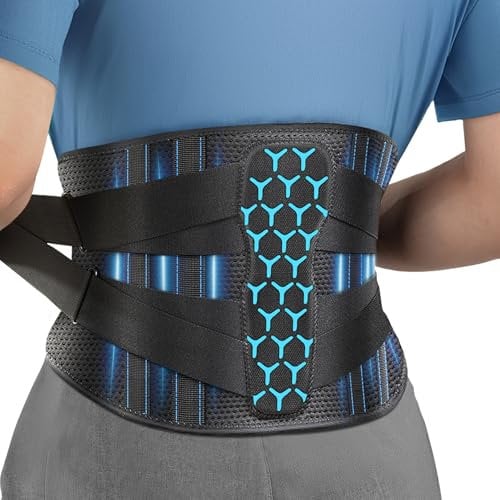 Rakiie Rückenstützgürtel mit Stützstreben Verstellbare Zuggurte und Weiches Atmungsaktives Netzgewebe, Rückenbandage für Rückenschmerzen bei Herren und Damen (Blau, M)
