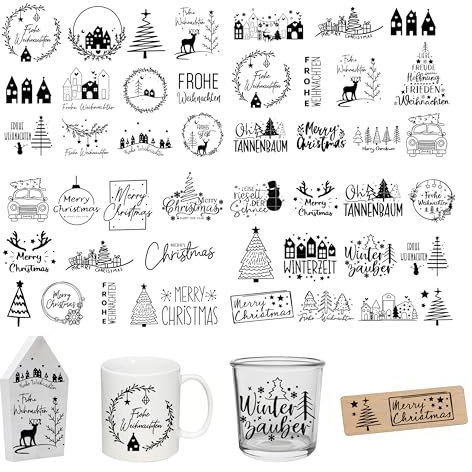 FloraVigo Rub On Sticker ca.A5 19x14cm-Abwischbare Folie für Weihnachtsdekoration, Keraflott, Zuhause, Möbel, Glas, Holz, Fotoalbum, DIY-Dekoration, Aufkleberästhetik(4PCS) (FROHE WEIHNACHTEN1)