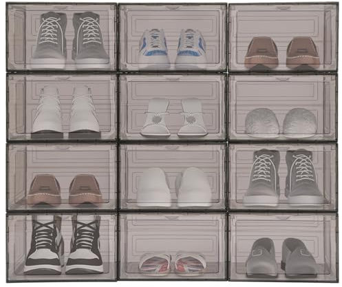 12er Set Acryl-Schuhkarton, Stapelbar Hartplastik Schuhkarton mit Transparent Deckel, Faltbar Schuhaufbewahrung für Schuhe, Kunststoffbox für Wohnzimmer und Schlafzimmer