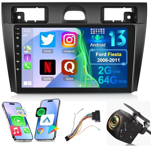 2G+64G Android 13 Radio de Coche para Ford Fiesta 2006-2011 con Wireless Carplay y Android Auto, 9 Pulgadas de Pantalla Táctil Estéreo de Coche con WiFi/GPS/FM RDS/Bluetooth