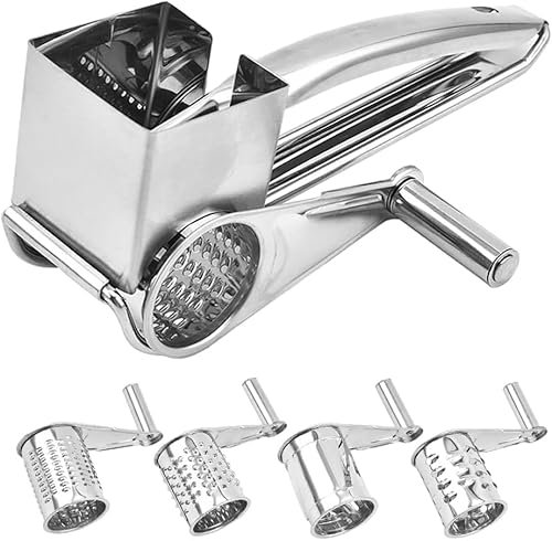 Käsereibe mit Kurbel, Käsereibe Edelstahl Kurbel, Reibe für Gemüse mit Trommelblättern, Gemüsereibe Kurbel für Hartkäse, Käseschredder für Käse, Gemüse, Schokolad, Obst, Nüsse (Silber-4)