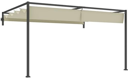 Outsunny 3 x 4m Lean To Pergola with Retractable Roof, Wall Mounted Garden Gazebo Outdoor Sun Shade Shelter for Patio, Deck, Khaki
