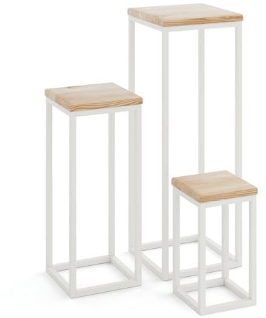 LAMO Manufaktur Pflanzenständer Set - 3 Stücke 30/50/70 cm | Blumenständer Weiss Metall | Blumenhocker Holz mit Natur Farbe | 100% Echtholz | Sockel für Zimmerpflanzen