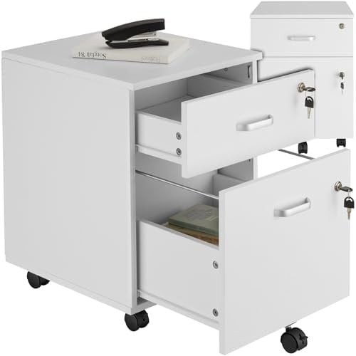 TecTake® Cassettiera su Ruote, 2 Cassetti con Serratura per Documenti DIN-A4, Guide Telescopiche Scorrevoli, 5 Ruote Doppie Girevoli e Bloccabili, Maniglie in Metallo, Ufficio Accessori - Bianco