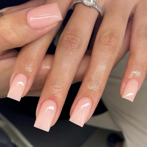 SXVME Light Pink False Nails Short Medium Square, Gel Press on Nails Coffin Medium Glossy Fake Nails Set Solid Color Acrylic Nail Natural Fit Reusable Stick on Nail for Women Daily Wear, in 24 Pcs