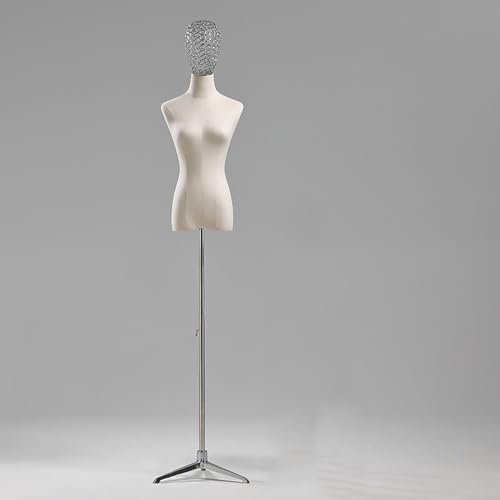Kleiderform Schaufensterpuppe, Schneiderpuppe, weiblicher Torso, Schneiderpuppe mit Armen und hohlem Kopf, mit verstellbarem Ständer für Bekleidungsgeschäft, Schaufenster, Fotostudio, Silber