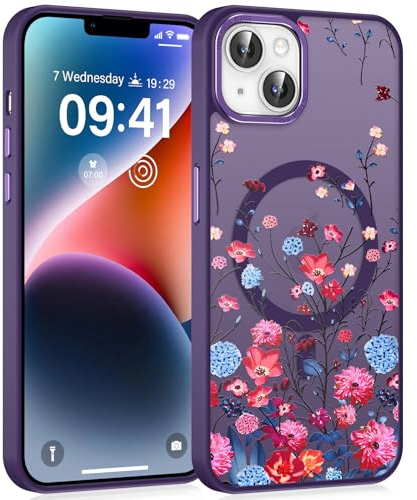 Saqmkil Cover Magnetica per iPhone 15 6,1, Compatibile con MagSafe, Custodia Traslucida Matte con Aesthetic Disegno Fiori, Ultra Sottile TPU Hard PC Antiurto Ragazze Protettiva Case, Viola