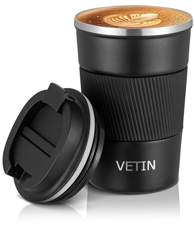 VETIN Lot de 2 mugs isothermes café 380 ml – Thermos café avec couvercle étanche (Noir)