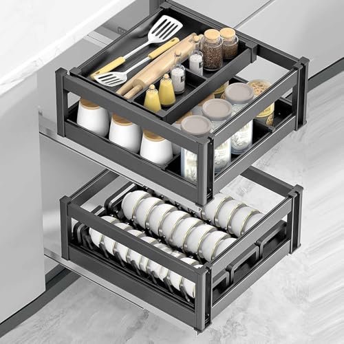 KaBuea Ausziehbarer Schrankorganisator 2-stöckige Aluminium-Schiebeschubladen mit Nano-Folienkleber - perfekt für Küche, Speisekammer oder Badezimmer