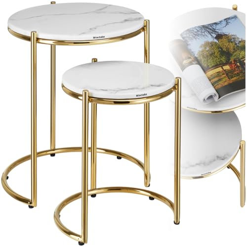 tectake® Couchtisch rund, Kleiner Tisch, Beistelltisch Metall und Marmor, Wohnzimmer Möbel, Coffee Table, Beistelltisch, Nachttisch rund, Sofatisch, Kaffeetisch modern - weiß/Gold, 2er Set
