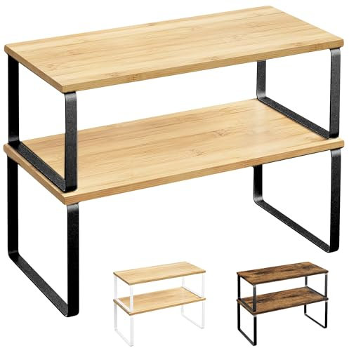 JUPPLIES - Pack 2 Organizador Cocina Estante para Especias - Organizador Armario Cocina Multiusos - Estanteria Cocina de Almacenamiento Apilable con Diseño de Bambu y Metal (Negro + Madera Natural)