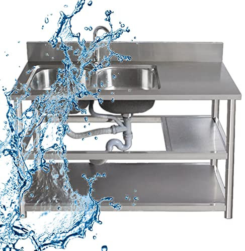 DECAKE Fregadero Independiente de Acero Inoxidable Comercial, Fregadero de Uso General, fregaderos de Doble cubeta con Grifo con Banco de Trabajo y estantes de Almacenamiento Dobles para