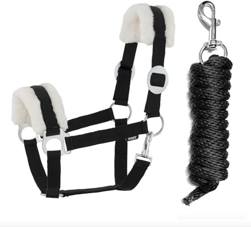 JA Horse Kunstfell Halfter Führstrick Set mit Karabinerhaken verstellbar Pferdehalfter Pferd Holzpferd Anbindestrick (Kunstfell Karabinerhaken Schwarz, Full)